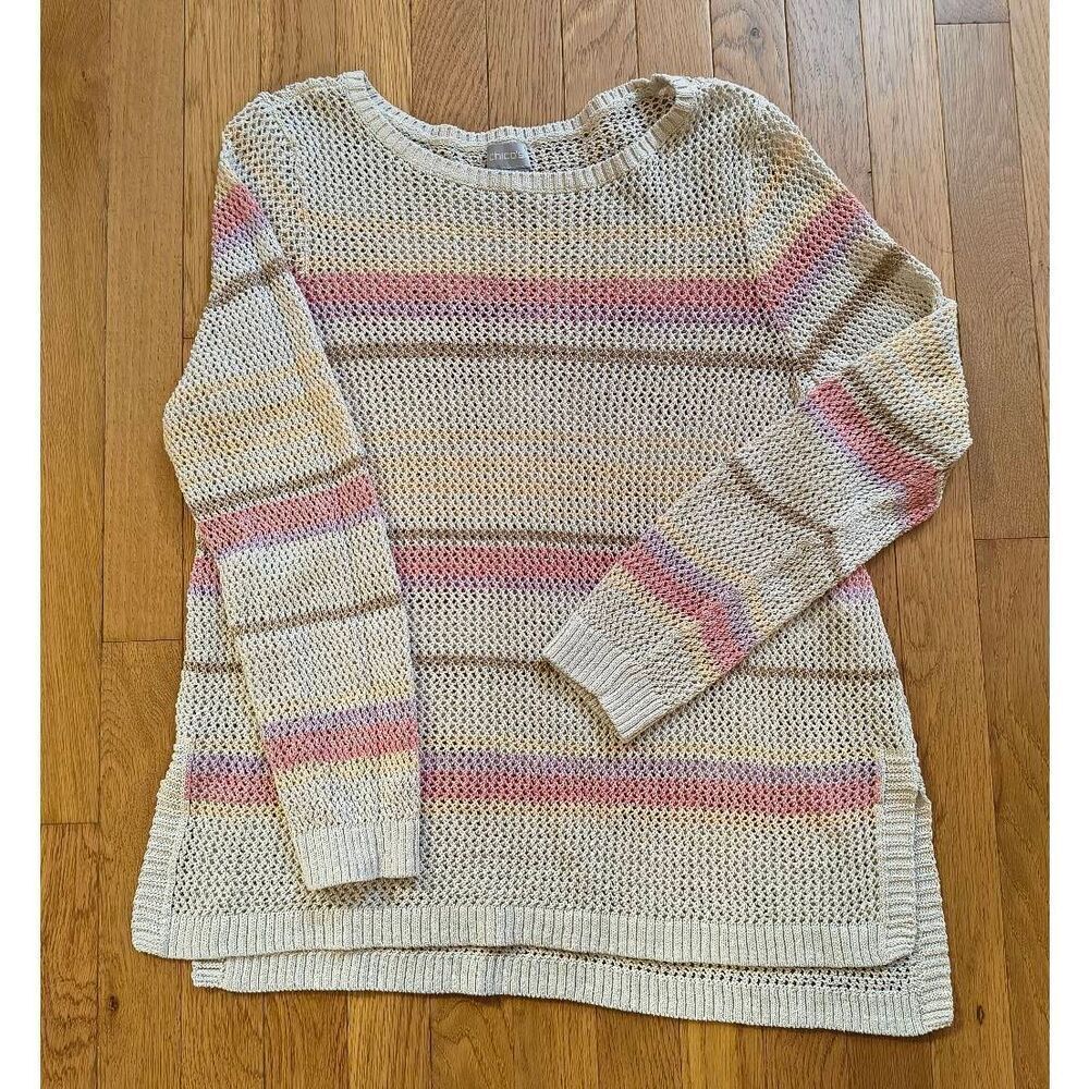 Chico's Openwork Open knit Striped Sweater cream pink tan stripes Crewneck pullo